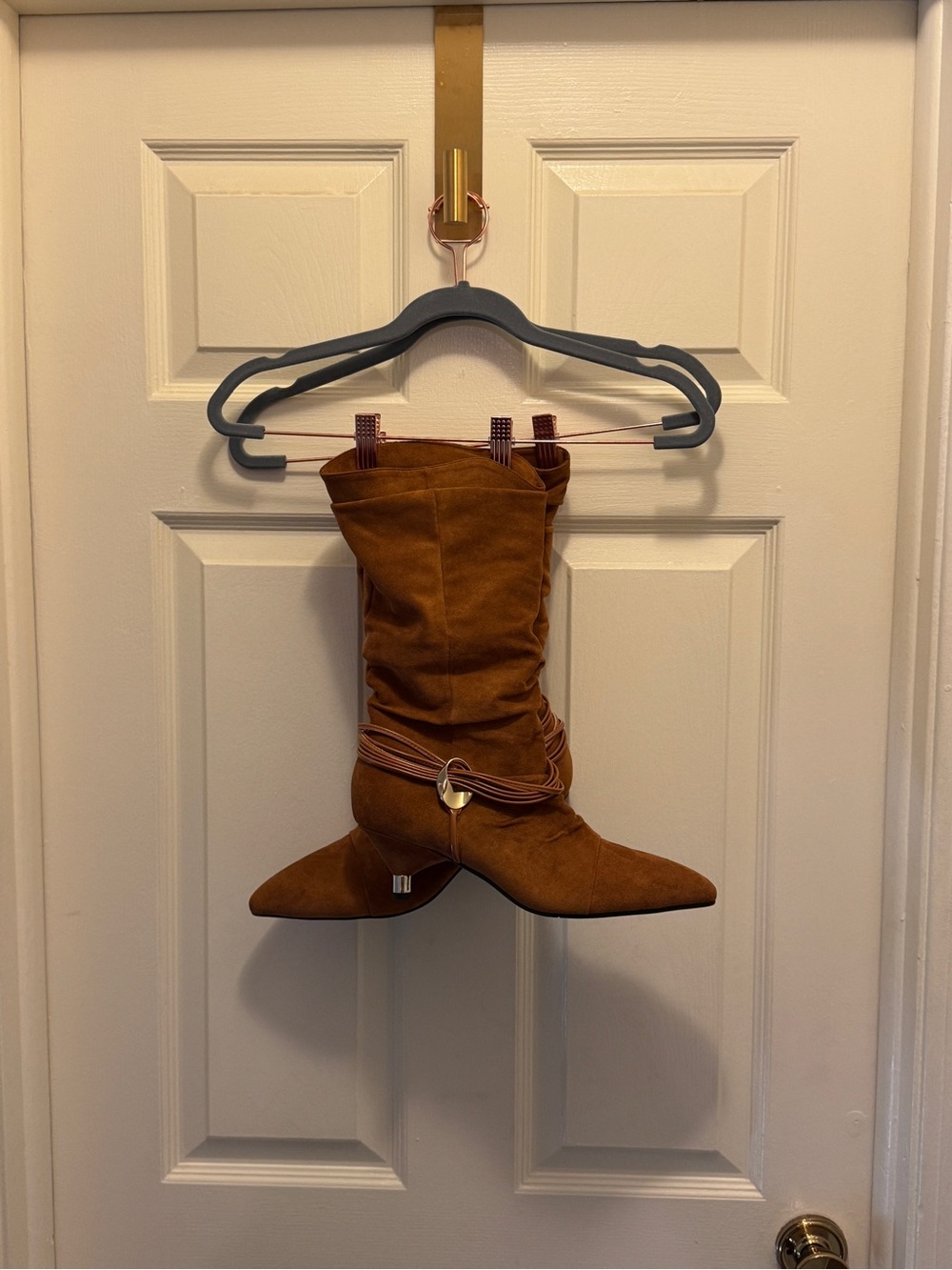Women's Tan Suede-Like Fabric Mid-Calf Pointed Toe Heeled Boots